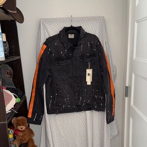 NWT KDNK Comfort Stretch Black Denim Jacket with Paint Splatter